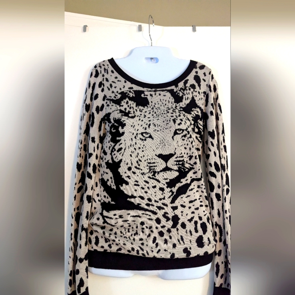 INC International Concepts Leopard Print Sweater - Black and Cream